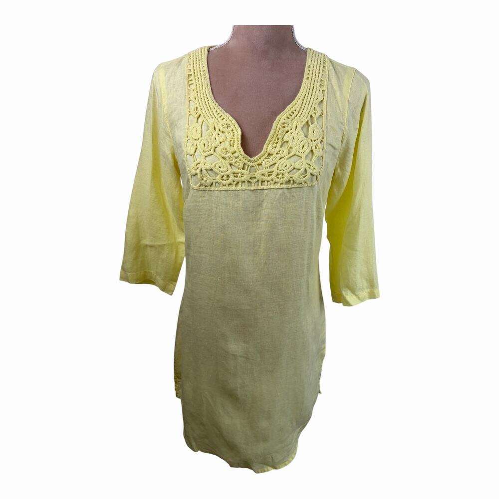 Malvin Linen Tunic Dress Womens S Yellow Crochet Boho 3/4 Sleeve